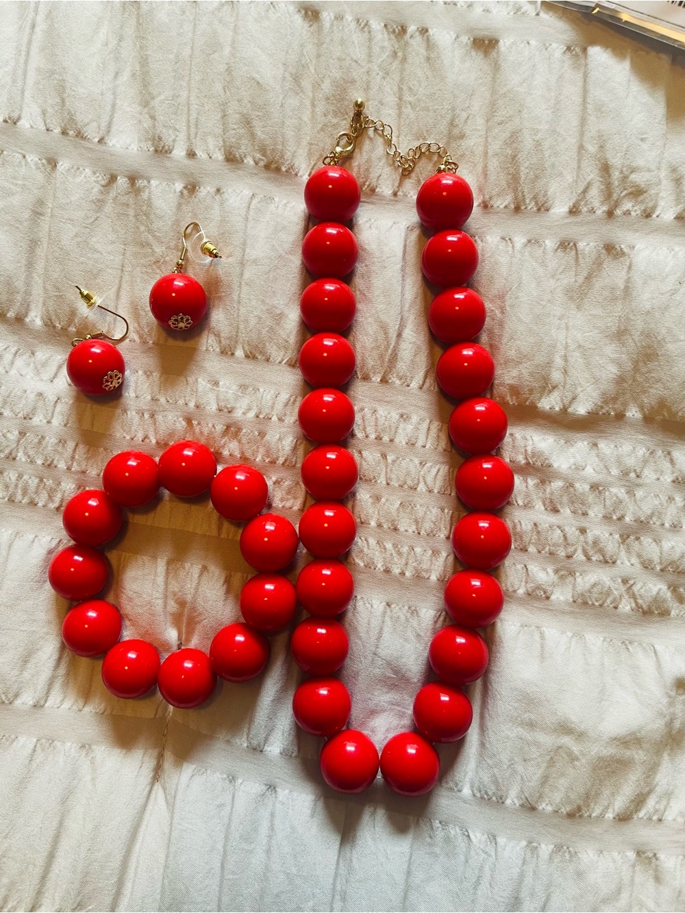 Red Beaded Necklace with Matching Bracelet & Earrings